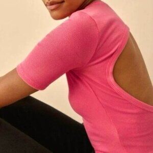 Reformation Top Gerard Back Cutout Stretchy Ribbed Fitted Tee Snapdragon…